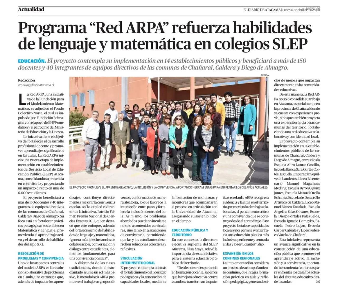 Imagen para la noticia: Programa Red ARPA es destacado en Diario de Atacama por su implementación en establecimientos SLEP